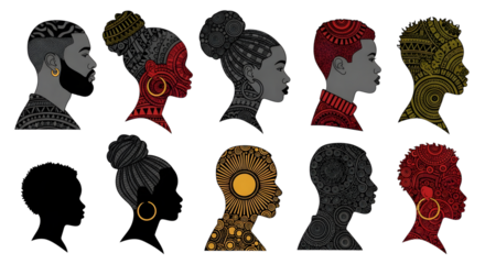 Collection of diverse black people profiles with intricate patterns, isolated on transparent background