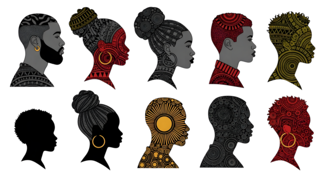 Collection of diverse black people profiles with intricate patterns, isolated on transparent background
