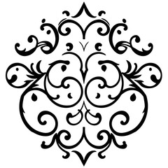 Intricate black and white symmetrical floral design with swirling patterns and elegant flourishes.