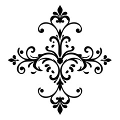 Ornate symmetrical floral design in black, featuring scrolls, curves, and stylized leaf elements, isolated on a white background.