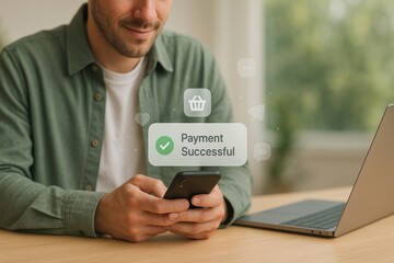 Man smiling at smartphone with holographic payment successful confirmation screen representing online shopping, digital finance and secure mobile transactions
