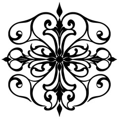 Intricate black and white ornamental design featuring floral and swirling elements.