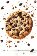 chocolate chip cookie flying with broken crumbs, isolated on white background