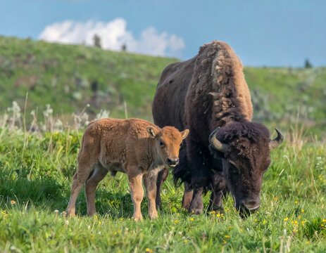 Bison mother and calf in grassy landscape - Powered by Adobe