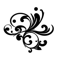 Symmetrical floral design with swirling flourishes and a central starburst, rendered in black on a white background.