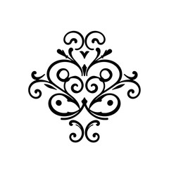 Symmetrical floral design with swirling flourishes and a central starburst, rendered in black on a white background.