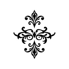 Ornate symmetrical floral design in black ink, featuring flourishes, curves, and diamond shapes on a white background.