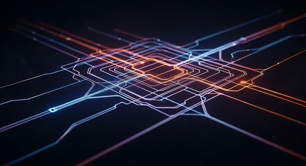 Abstract representation of a circuit board with glowing lines and geometric shapes on dark background