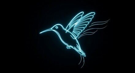 A neon blue hummingbird illustration with wings spread on a solid black background design art