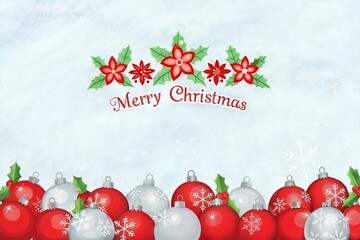 Merry Christmas Greeting Card with Red and White Ornaments and Floral Holiday Design illustration.
