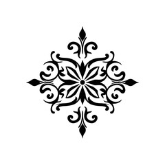 Intricate black and white symmetrical floral design with ornate details.