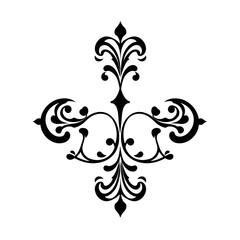 Symmetrical floral design with swirling flourishes and a central starburst, rendered in black on a white background.