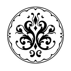 Intricate black and white circular design featuring swirling floral and ornamental details.