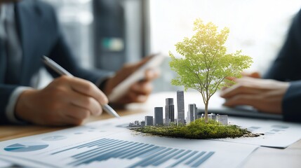 Tree growing from cityscape model on desk symbolizes sustainable urban development and impact investing. Business professionals discuss financial strategies with charts and graphs