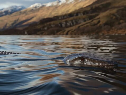 Plesiosaurus gliding gracefully beneath the surface of the loch ness lake