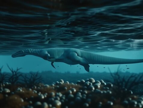 Plesiosaurus gliding gracefully beneath the surface of crystal-clear ocean water