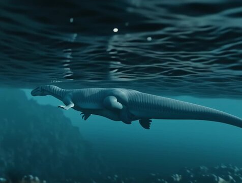 Plesiosaurus gliding gracefully beneath the surface of crystal-clear ocean water