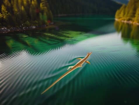 Plesiosaurus gliding gracefully beneath the surface of the loch ness lake