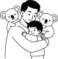 Father hugging child illustration, dad and son drawing, family love artwork, koala companions, parent-child bond, cute animal friends, happy family clipart