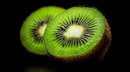   Kiwi close-up on black background with droplets