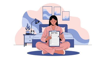 Woman in pajamas sitting on floor at home, making a daily task list illustration