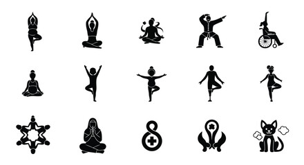Icon set of vector art of diverse set of black and white icons depicting yoga poses, meditation, and people with disabilities