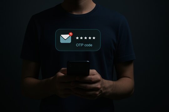 Man holding smartphone with holographic OTP verification code email icon representing secure login, digital authentication and online cybersecurity
- Powered by Adobe