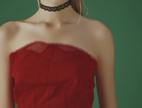 Beautiful russian female model dressed in red with a nech choker