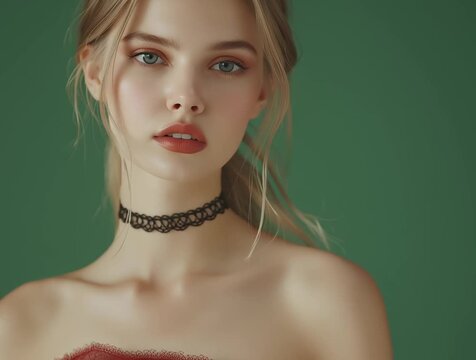 Beautiful russian female model dressed in red with a nech choker