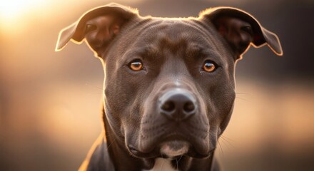 Fototapeta premium Close up portrait of a brown pitbull dog with a serious expression and golden eyes