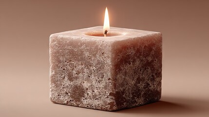   A lit candle sits atop a square piece of concrete