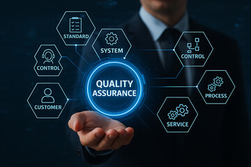 Business Hand Showing Quality Assurance Diagram with Workflow Icons