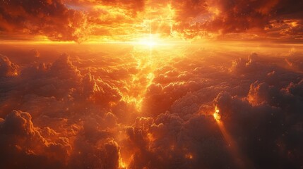 golden hour morning sky with light beams piercing through clouds, warm and tranquil