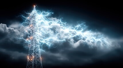 Electrical Tower with Lightning Strikes Against Dark Cloudy Sky