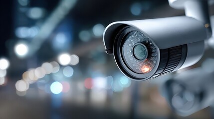 Security Camera System Monitoring at Night with Bokeh City Lights
