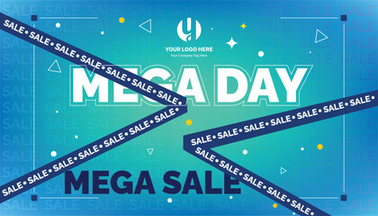 Vibrant vector banner for "Mega Sale" with blue-teal gradient, bold typography, and dynamic SALE ribbons. Ideal for e-commerce and social media ads.