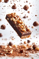 hazelnut praline pastry flying with nut crumbs and cocoa dust, isolated on white background