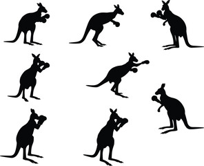 Kangaroo silhouettes, boxing pose, fighting stance, wildlife motion, Australian animal, dynamic posture, exotic species, nature illustration set