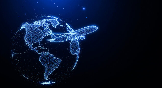 Airplane flying around earth globe with digital network connection concept art