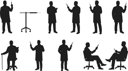 Medical silhouettes, healthcare professionals, doctor nurse figures, syringe injection, vaccination concept, clinical staff, hospital medicine illustration set