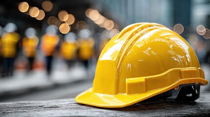 Yellow Hard Hat on Wooden Surface with Construction Workers in Background