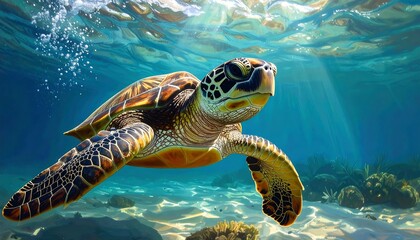 Fototapeta premium A Vibrant Sea Turtle Gracefully Gliding Through the Underwater World