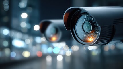 Security Cameras Overlooking City Street at Night with Bokeh Lights
