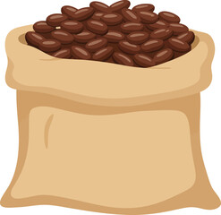 Burlap sack filled with rich roasted coffee beans freshly harvested for brewing delicious beverages flat design vector illustration white background