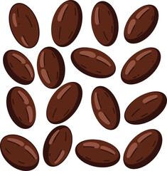 Rich dark roasted coffee beans scattered artistically for beverage and food creation flat design vector illustration white background