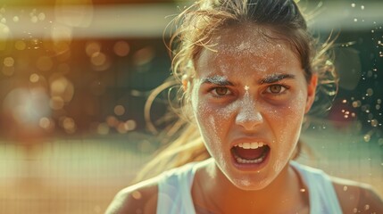 intense face of a female player shouting after point, sweat and sunlight