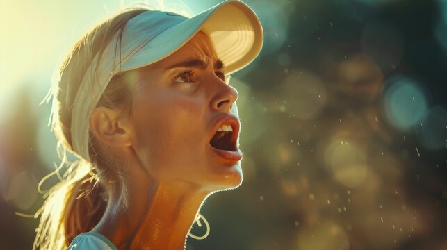 intense face of a female player shouting after point, sweat and sunlight