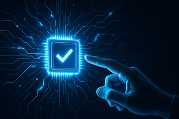 Futuristic technology concept of hand selecting glowing computer processor icon