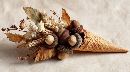  Closer look at an ice cream cone filled with nuts & leaves on white background