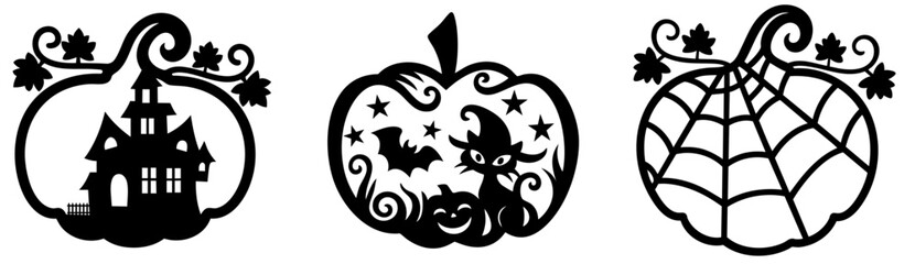 Set of Halloween carved pumpkin silhouettes with haunted house, flying witch, bats and spider web, spooky decorative collection for creepy holiday night